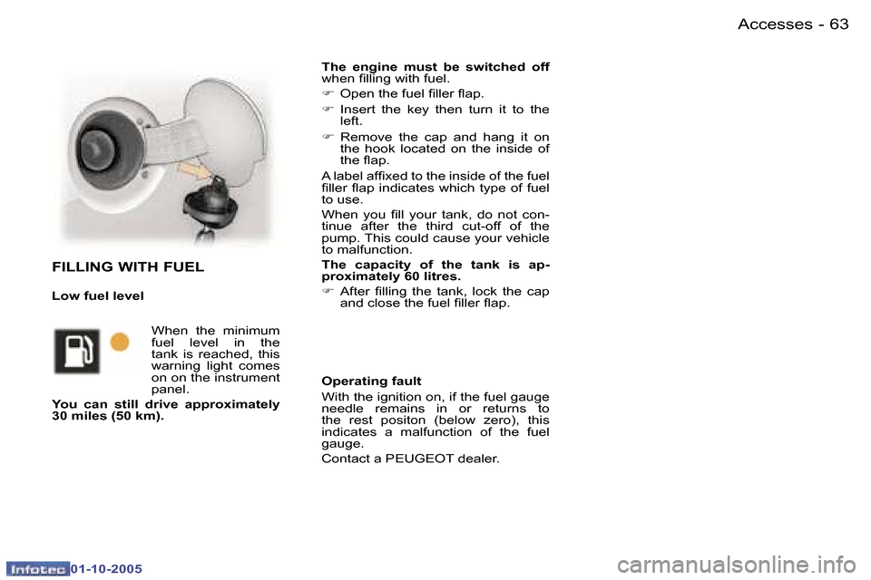 Peugeot 307 CC Dag 2005.5  Owners Manual �A�c�c�e�s�s�e�s�6�2 �-
�0�1�-�1�0�-�2�0�0�5
�6�3�A�c�c�e�s�s�e�s�-
�0�1�-�1�0�-�2�0�0�5
�T�h�e�  �e�n�g�i�n�e�  �m�u�s�t�  �b�e�  �s�w�i�t�c�h�e�d�  �o�f�f� 
�w�h�e�n� �i�l�l�i�n�g� �w�i�t�h� �f�u�e�