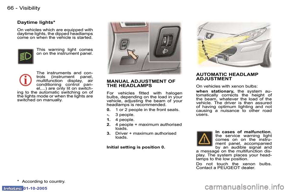 Peugeot 307 CC Dag 2005.5  Owners Manual �V�i�s�i�b�i�l�i�t�y�6�6 �-
�0�1�-�1�0�-�2�0�0�5
�6�7�V�i�s�i�b�i�l�i�t�y�-
�0�1�-�1�0�-�2�0�0�5
�M�A�N�U�A�L� �A�D�J�U�S�T�M�E�N�T� �O�F�  
�T�H�E� �H�E�A�D�L�A�M�P�S
�F�o�r�  �v�e�h�i�c�l�e�s�  �i�t