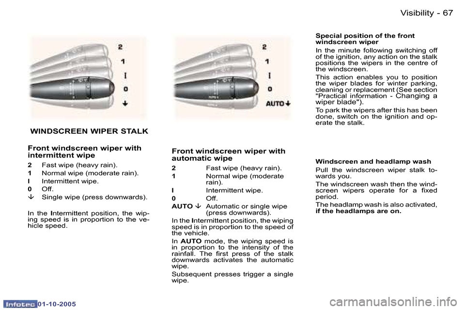 Peugeot 307 CC Dag 2005.5  Owners Manual �V�i�s�i�b�i�l�i�t�y�6�6 �-
�0�1�-�1�0�-�2�0�0�5
�6�7�V�i�s�i�b�i�l�i�t�y�-
�0�1�-�1�0�-�2�0�0�5
�S�p�e�c�i�a�l� �p�o�s�i�t�i�o�n� �o�f� �t�h�e� �f�r�o�n�t�  
�w�i�n�d�s�c�r�e�e�n� �w�i�p�e�r
�I�n�  �