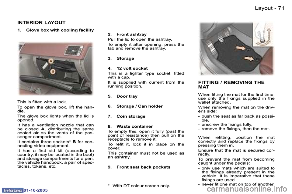 Peugeot 307 CC Dag 2005.5  Owners Manual �L�a�y�o�u�t�7�0 �-
�0�1�-�1�0�-�2�0�0�5
�7�1�L�a�y�o�u�t�-
�0�1�-�1�0�-�2�0�0�5
�I�N�T�E�R�I�O�R� �L�A�Y�O�U�T
�1�.�  �G�l�o�v�e� �b�o�x� �w�i�t�h� �c�o�o�l�i�n�g� �f�a�c�i�l�i�t�y�2�.�  �F�r�o�n�t� 