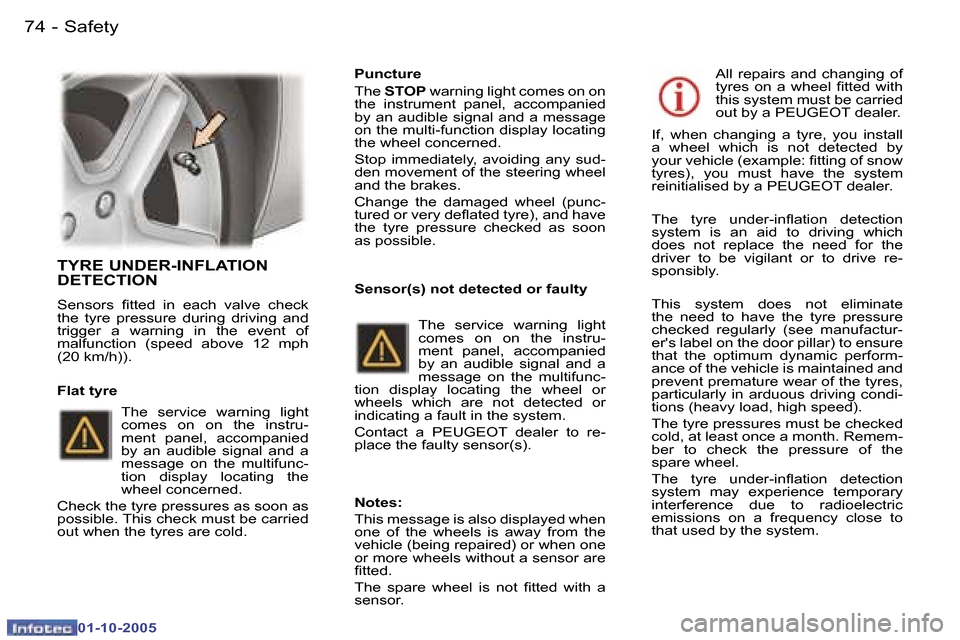 Peugeot 307 CC Dag 2005.5  Owners Manual �S�a�f�e�t�y�7�4 �-
�0�1�-�1�0�-�2�0�0�5
�7�5�S�a�f�e�t�y�-
�0�1�-�1�0�-�2�0�0�5
�T�Y�R�E� �U�N�D�E�R�-�I�N�F�L�A�T�I�O�N�  
�D�E�T�E�C�T�I�O�N
�S�e�n�s�o�r�s�  �i�t�t�e�d�  �i�n�  �e�a�c�h�  �v�a�l�v