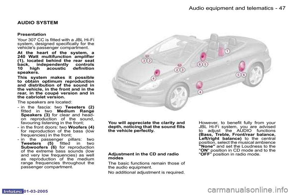 Peugeot 307 CC Dag 2005  Owners Manual �A�u�d�i�o� �e�q�u�i�p�m�e�n�t� �a�n�d� �t�e�l�e�m�a�t�i�c�s�4�6 �-
�0�1�-�0�3�-�2�0�0�5
�4�7�A�u�d�i�o� �e�q�u�i�p�m�e�n�t� �a�n�d� �t�e�l�e�m�a�t�i�c�s�-
�0�1�-�0�3�-�2�0�0�5
�A�U�D�I�O� �S�Y�S�T�E�