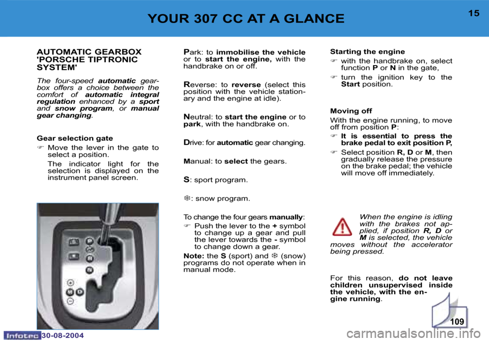 Peugeot 307 CC Dag 2004.5  Owners Manual �1�0�9
�1�4
�3�0�-�0�8�-�2�0�0�4
�1�5
�3�0�-�0�8�-�2�0�0�4
�Y�O�U�R� �3�0�7� �C�C� �A�T� �A� �G�L�A�N�C�E
�A�U�T�O�M�A�T�I�C� �G�E�A�R�B�O�X�  
��P�O�R�S�C�H�E� �T�I�P�T�R�O�N�I�C� 
�S�Y�S�T�E�M�
�T