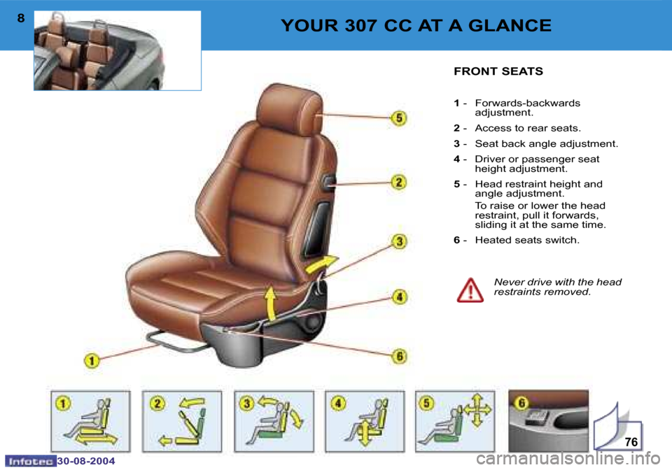 Peugeot 307 CC Dag 2004.5  Owners Manual �7�6
�8
�3�0�-�0�8�-�2�0�0�4
�9
�3�0�-�0�8�-�2�0�0�4
�Y�O�U�R� �3�0�7� �C�C� �A�T� �A� �G�L�A�N�C�E�F�R�O�N�T� �S�E�A�T�S
�1� �-�  �F�o�r�w�a�r�d�s�-�b�a�c�k�w�a�r�d�s� 
�a�d�j�u�s�t�m�e�n�t�.
�2�  �-