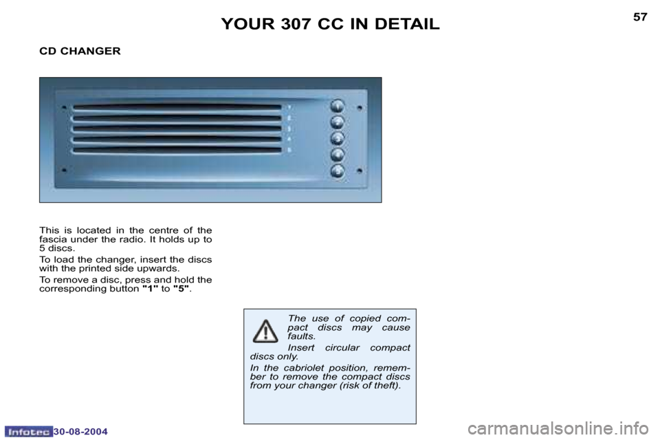 Peugeot 307 CC Dag 2004.5  Owners Manual �5�6
�3�0�-�0�8�-�2�0�0�4
�5�7
�3�0�-�0�8�-�2�0�0�4
�Y�O�U�R� �3�0�7� �C�C� �I�N� �D�E�T�A�I�L
�C�D� �C�H�A�N�G�E�R
�T�h�i�s�  �i�s�  �l�o�c�a�t�e�d�  �i�n�  �t�h�e�  �c�e�n�t�r�e�  �o�f�  �t�h�e�  
�