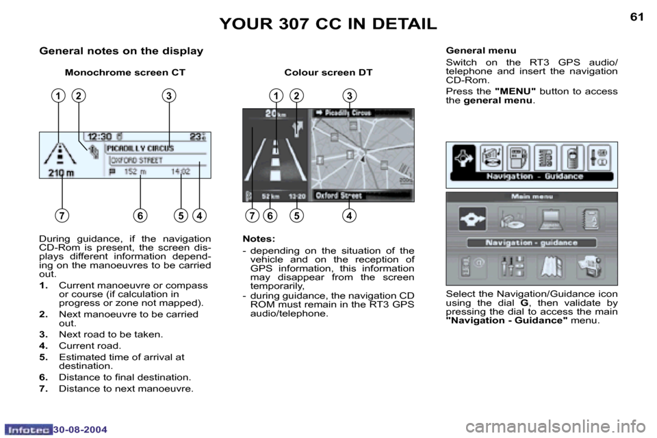 Peugeot 307 CC Dag 2004.5  Owners Manual �6�0
�3�0�-�0�8�-�2�0�0�4
�6�1
�3�0�-�0�8�-�2�0�0�4
�G�e�n�e�r�a�l� �n�o�t�e�s� �o�n� �t�h�e� �d�i�s�p�l�a�y
�M�o�n�o�c�h�r�o�m�e� �s�c�r�e�e�n� �C�T �C�o�l�o�u�r� �s�c�r�e�e�n� �D�T�G�e�n�e�r�a�l� �m
