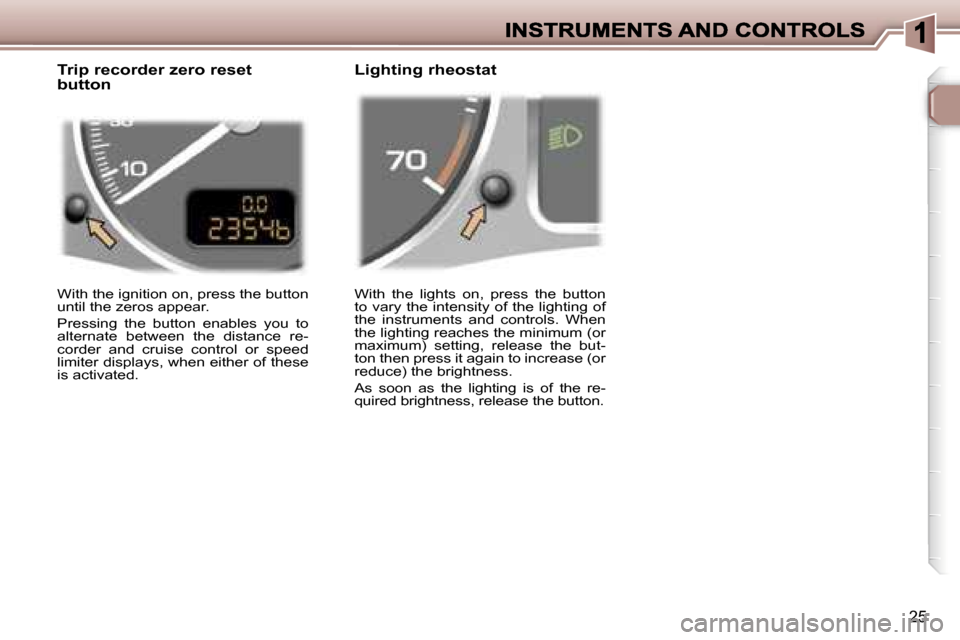 Peugeot 307 Dag 2007  Owners Manual �2�5
�W�i�t�h�  �t�h�e�  �l�i�g�h�t�s�  �o�n�,�  �p�r�e�s�s�  �t�h�e�  �b�u�t�t�o�n� �t�o� �v�a�r�y� �t�h�e� �i�n�t�e�n�s�i�t�y� �o�f� �t�h�e� �l�i�g�h�t�i�n�g� �o�f� �t�h�e�  �i�n�s�t�r�u�m�e�n�t�s� 