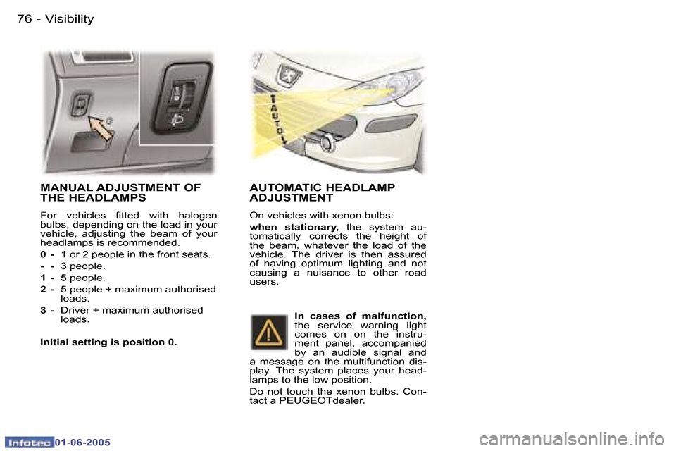 Peugeot 307 Dag 2005  Owners Manual �7�6 �-
�0�1�-�0�6�-�2�0�0�5
�7�7
�-
�0�1�-�0�6�-�2�0�0�5
�M�A�N�U�A�L� �A�D�J�U�S�T�M�E�N�T� �O�F�  
�T�H�E� �H�E�A�D�L�A�M�P�S
�F�o�r�  �v�e�h�i�c�l�e�s�  �i�t�t�e�d�  �w�i�t�h�  �h�a�l�o�g�e�n�  
�