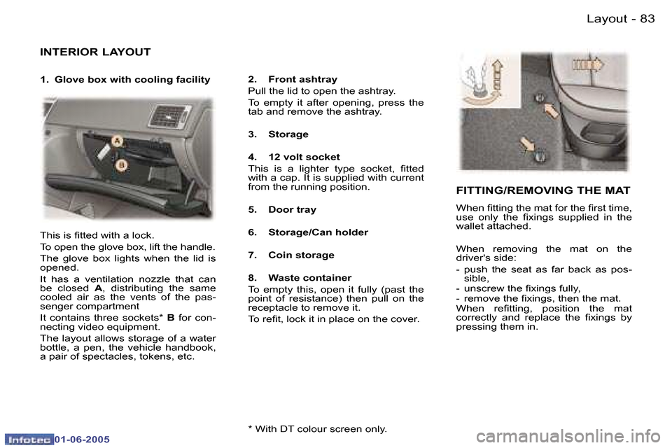 Peugeot 307 Dag 2005  Owners Manual �8�2 �-
�0�1�-�0�6�-�2�0�0�5
�8�3
�-
�0�1�-�0�6�-�2�0�0�5
�I�N�T�E�R�I�O�R� �L�A�Y�O�U�T
�1�.�  �G�l�o�v�e� �b�o�x� �w�i�t�h� �c�o�o�l�i�n�g� �f�a�c�i�l�i�t�y �2�.�  �F�r�o�n�t� �a�s�h�t�r�a�y 
�P�u�l