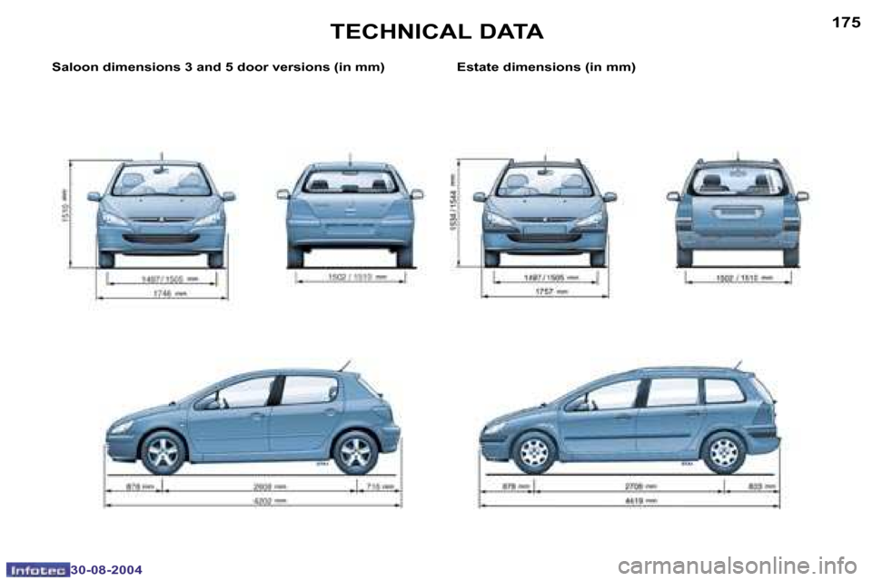Peugeot 307 Dag 2004.5  Owners Manual �1�7�4
�3�0�-�0�8�-�2�0�0�4
�1�7�5
�3�0�-�0�8�-�2�0�0�4
�S�a�l�o�o�n� �d�i�m�e�n�s�i�o�n�s� �3� �a�n�d� �5� �d�o�o�r� �v�e�r�s�i�o�n�s� �(�i�n� �m�m�) �E�s�t�a�t�e� �d�i�m�e�n�s�i�o�n�s� �(�i�n� �m�m�