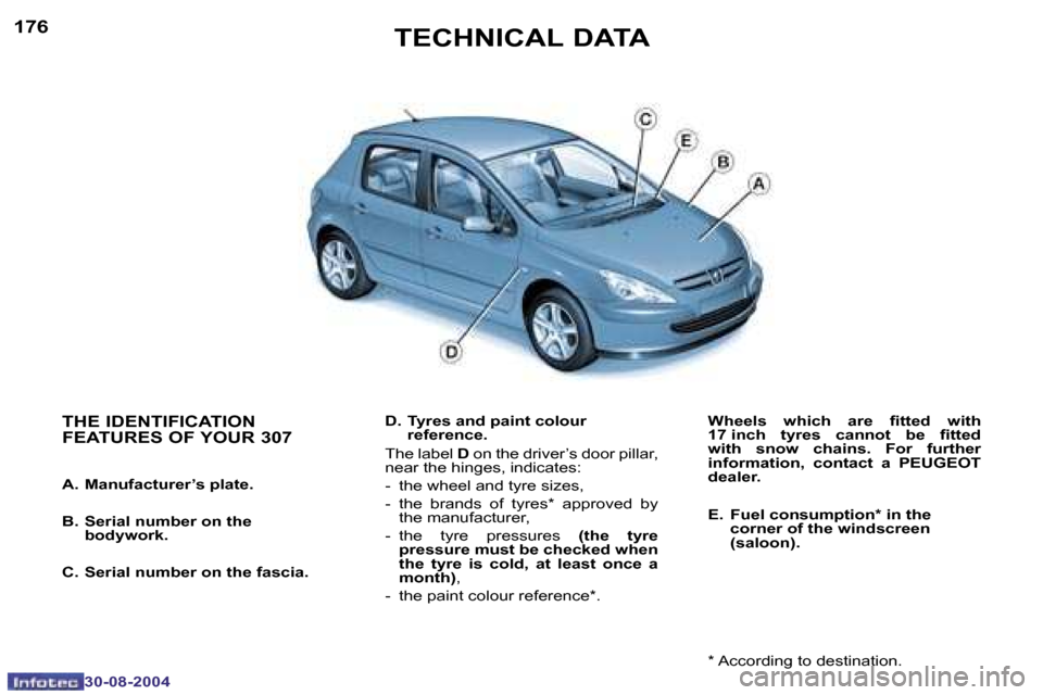 Peugeot 307 Dag 2004.5  Owners Manual �1�7�6
�3�0�-�0�8�-�2�0�0�4
�T�E�C�H�N�I�C�A�L� �D�A�T�A
�T�H�E� �I�D�E�N�T�I�F�I�C�A�T�I�O�N�  
�F�E�A�T�U�R�E�S� �O�F� �Y�O�U�R� �3�0�7
�A�.�  �M�a�n�u�f�a�c�t�u�r�e�r�’�s� �p�l�a�t�e�. 
�B�.�  �S