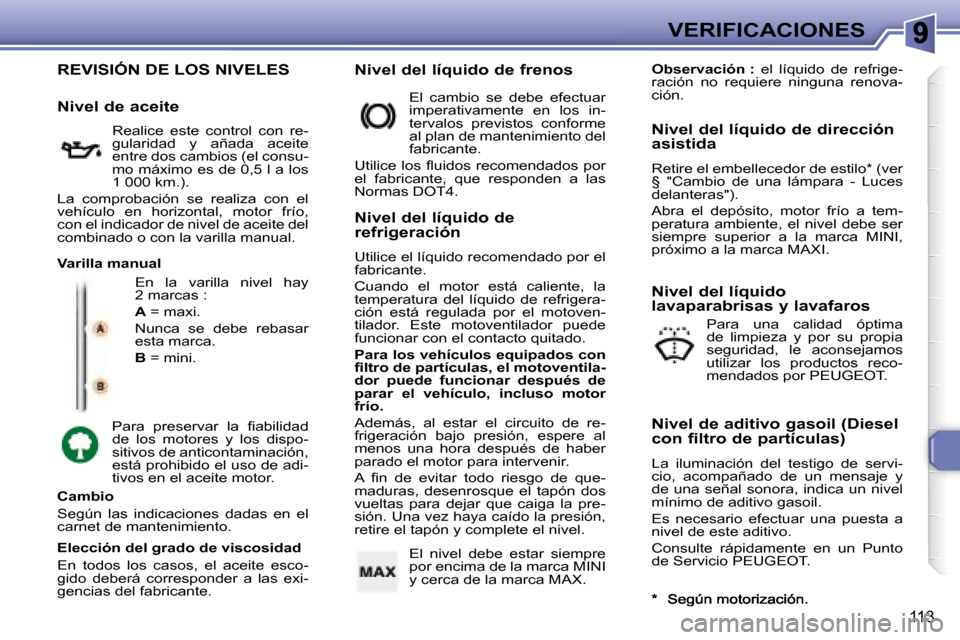Peugeot 307 SW 2007.5  Manual del propietario (in Spanish) 113
VERIFICACIONES
 REVISIÓN DE LOS NIVELES 
 En  la  varilla  nivel  hay  
2 marcas :  
  
A   = maxi. 
 Nunca  se  debe  rebasar  
esta marca.  
  
B   = mini. 
� �P�a�r�a�  �p�r�e�s�e�r�v�a�r�  �l