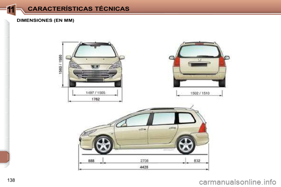 Peugeot 307 SW 2007.5  Manual del propietario (in Spanish) 11
138
CARACTERÍSTICAS TÉCNICAS
      DIMENSIONES (EN MM)     
