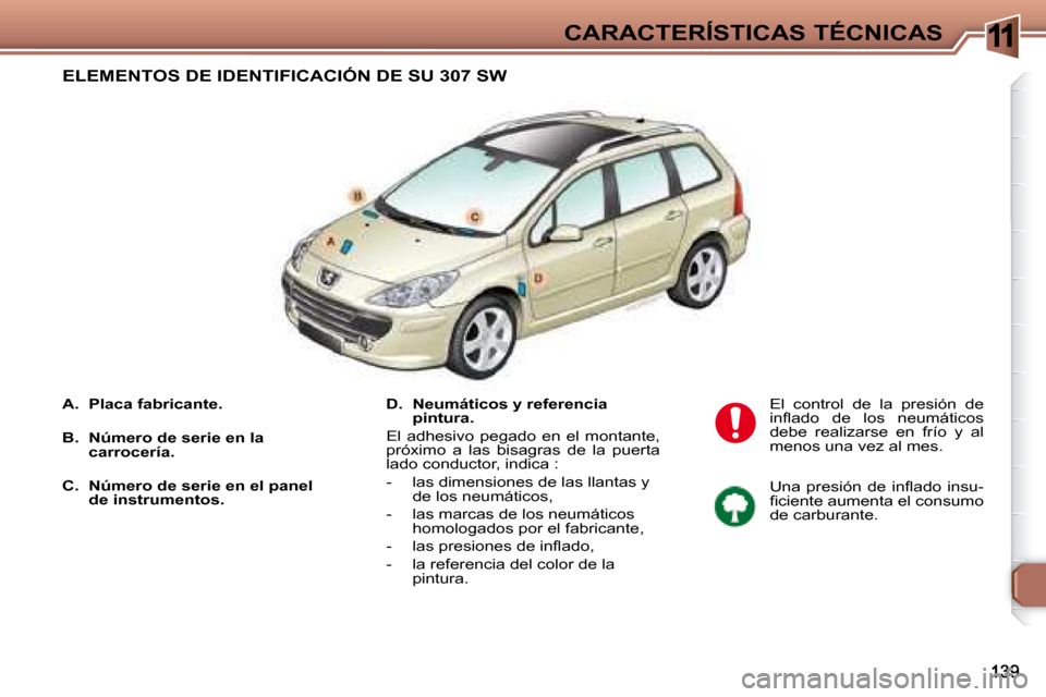 Peugeot 307 SW 2007.5  Manual del propietario (in Spanish) 11CARACTERÍSTICAS TÉCNICAS
     
A.     Placa fabricante.    
B   
.      Número de serie en la  
carrocería.   
C  .     Número de serie en el panel 
de instrumentos.      D.
    Neumáticos y r