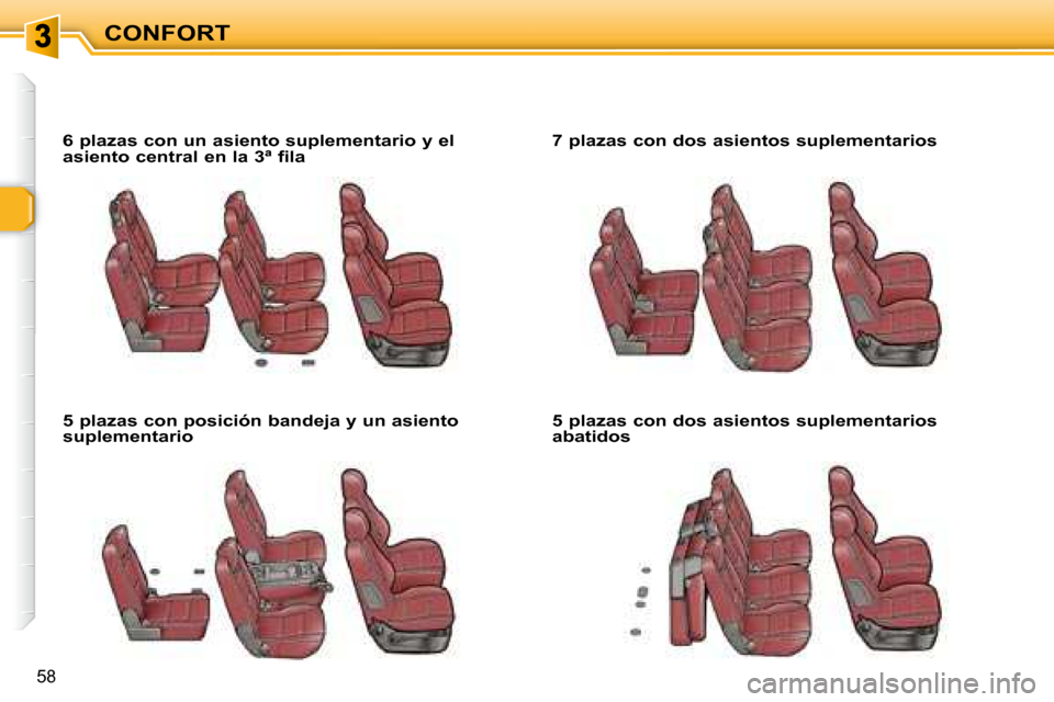 Peugeot 307 SW 2007.5  Manual del propietario (in Spanish) CONFORT
�5�8
   6 plazas con un asiento suplementario y el  
asiento central en la 3 ª  fila     
   5 plazas con posición bandeja y un asiento  
suplementario       7 plazas con dos asientos suplem