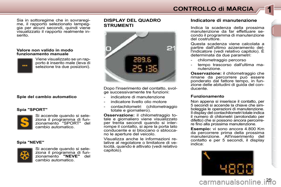 Peugeot 307 SW 2007.5 Manuale del proprietario (in Italian) 25
CONTROLLO di MARCIA
Sia in sottoregime che in sovraregi-
me, il rapporto selezionato lampeg-
gia per alcuni secondi, quindi viene
visualizzato il rapporto realmente in-
serito. Peugeot 307 SW 2007.5 Manuale del proprietario (in Italian) 25
CONTROLLO di MARCIA
Sia in sottoregime che in sovraregi-
me, il rapporto selezionato lampeg-
gia per alcuni secondi, quindi viene
visualizzato il rapporto realmente in-
serito.