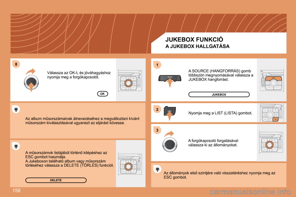 Peugeot 307 SW 2007.5  Kezelési útmutató (in Hungarian) 158
8
SOURCE
�2
ESC
MENU LIST
LIST
ESC
MENU LIST
S
O S SOURCE
MODE BAND TPT
A  Y
DARKSOURCE
ESC
MENU LIST
LIST
ESC
MENU LIST
1
�3
DELETE
OK �A� �S�O�U�R�C�E� �(�H�A�N�G�F�O�R�R�Á�S�)� �g�o�m�b�  
�t�