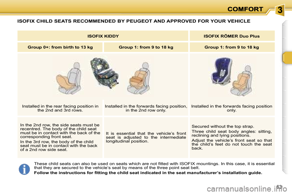 Peugeot 307 SW 2007  Owners Manual �6�3
�I�S�O�F�I�X� �C�H�I�L�D� �S�E�A�T�S� �R�E�C�O�M�M�E�N�D�E�D� �B�Y� �P�E�U�G�E�O�T� �A�N�D� �A�P�P�R�O�V�E�D� �F�O�R� �Y�O�U�R� �V�E�H�I�C�L�E
�T�h�e�s�e� �c�h�i�l�d� �s�e�a�t�s� �c�a�n� �a�l�s�o
