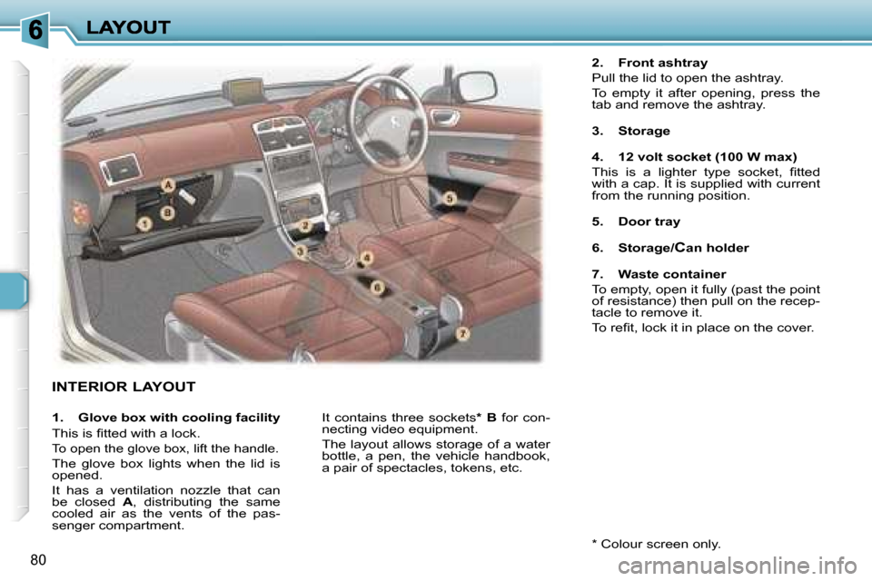Peugeot 307 SW 2007  Owners Manual �8�0
�I�N�T�E�R�I�O�R� �L�A�Y�O�U�T
�2�.�  �F�r�o�n�t� �a�s�h�t�r�a�y
�P�u�l�l� �t�h�e� �l�i�d� �t�o� �o�p�e�n� �t�h�e� �a�s�h�t�r�a�y�.
�T�o�  �e�m�p�t�y�  �i�t�  �a�f�t�e�r�  �o�p�e�n�i�n�g�,�  �p�r