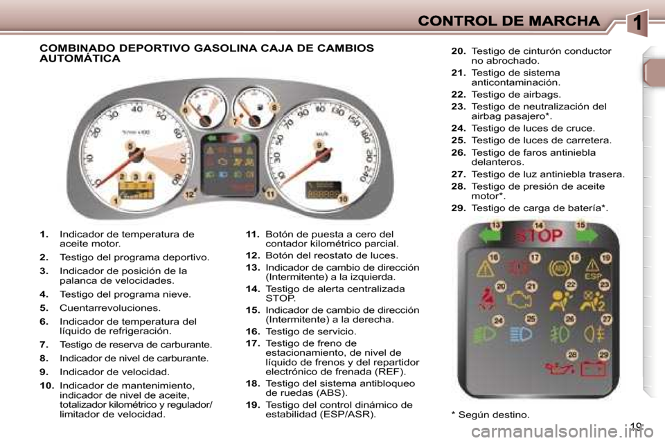Peugeot 307 SW 2007  Manual del propietario (in Spanish) �1�9
�1�.� �I�n�d�i�c�a�d�o�r� �d�e� �t�e�m�p�e�r�a�t�u�r�a� �d�e� �a�c�e�i�t�e� �m�o�t�o�r�.
�2�.�  �T�e�s�t�i�g�o� �d�e�l� �p�r�o�g�r�a�m�a� �d�e�p�o�r�t�i�v�o�.� 
�3�.�  �I�n�d�i�c�a�d�o�r� �d�e� �