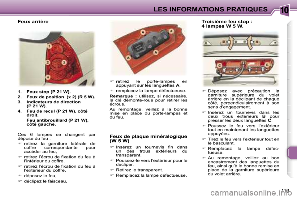 Peugeot 307 SW 2007  Manuel du propriétaire (in French) �1�0�L�E�S� �I�N�F�O�R�M�A�T�I�O�N�S� �P�R�A�T�I�Q�U�E�S
�1�1�9
�1�.�  �F�e�u�x� �s�t�o�p� �(�P� �2�1� �W�)�. 
�2�.� 
�F�e�u�x� �d�e� �p�o�s�i�t�i�o�n� � �(�x� �2�)� �(�R� �5� �W�)�.
�3�.�  �I�n�d�i�c