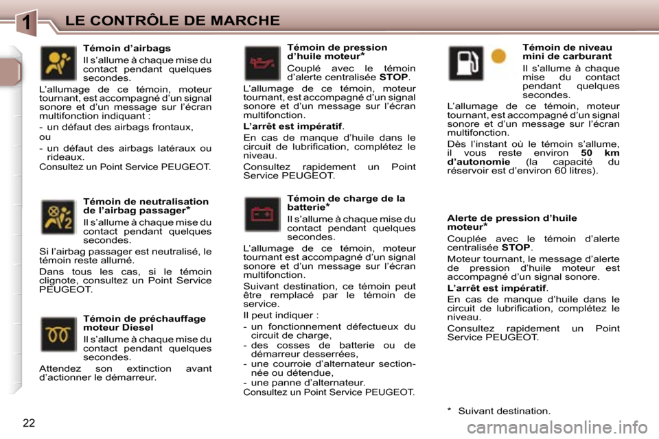Peugeot 307 SW 2007  Manuel du propriétaire (in French) �1�L�E� �C�O�N�T�R�Ô�L�E� �D�E� �M�A�R�C�H�E
�2�2
�T�é�m�o�i�n� �d�e� �c�h�a�r�g�e� �d�e� �l�a�  
�b�a�t�t�e�r�i�e�*
�I�l� �s�’�a�l�l�u�m�e� �à� �c�h�a�q�u�e� �m�i�s�e� �d�u� 
�c�o�n�t�a�c�t�  �p
