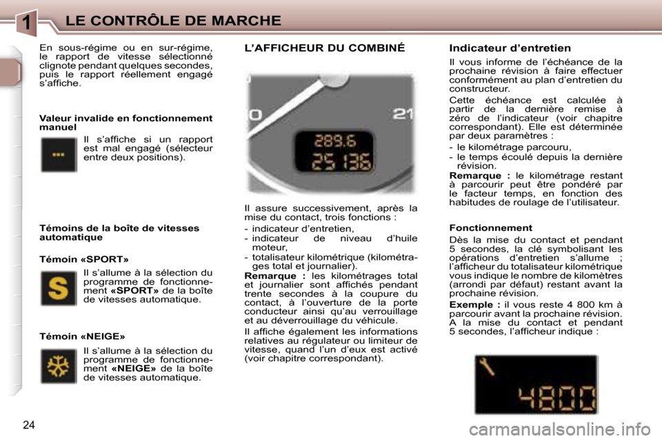 Peugeot 307 SW 2007  Manuel du propriétaire (in French) �1�L�E� �C�O�N�T�R�Ô�L�E� �D�E� �M�A�R�C�H�E
�2�4
�E�n�  �s�o�u�s�-�r�é�g�i�m�e�  �o�u�  �e�n�  �s�u�r�-�r�é�g�i�m�e�,�  
�l�e�  �r�a�p�p�o�r�t�  �d�e�  �v�i�t�e�s�s�e�  �s�é�l�e�c�t�i�o�n�n�é� 

