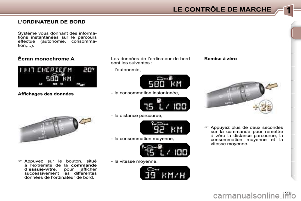 Peugeot 307 SW 2007  Manuel du propriétaire (in French) �1�L�E� �C�O�N�T�R�Ô�L�E� �D�E� �M�A�R�C�H�E
�2�7
�L�’�O�R�D�I�N�A�T�E�U�R� �D�E� �B�O�R�D
��  �A�p�p�u�y�e�z�  �s�u�r�  �l�e�  �b�o�u�t�o�n�,�  �s�i�t�u�é� 
�à�  �l��e�x�t�r�é�m�i�t�é�  �d