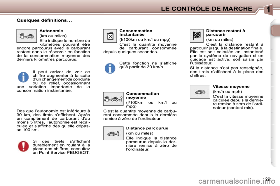 Peugeot 307 SW 2007  Manuel du propriétaire (in French) �1�L�E� �C�O�N�T�R�Ô�L�E� �D�E� �M�A�R�C�H�E
�2�9
�D�i�s�t�a�n�c�e� �r�e�s�t�a�n�t� �à�  
�p�a�r�c�o�u�r�i�r 
�(�k�m� �o�u� �m�i�l�e�s�) 
�C�’�e�s�t�  �l�a�  �d�i�s�t�a�n�c�e�  �r�e�s�t�a�n�t�  �