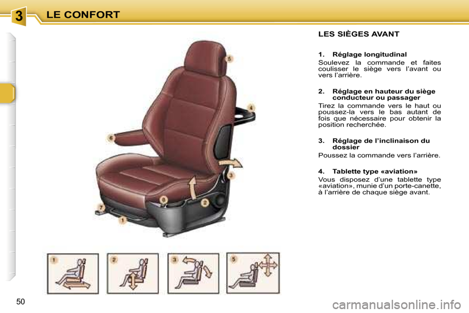 Peugeot 307 SW 2007  Manuel du propriétaire (in French) �3�L�E� �C�O�N�F�O�R�T
�5�0
�L�E�S� �S�I�È�G�E�S� �A�V�A�N�T
�1�.�  �R�é�g�l�a�g�e� �l�o�n�g�i�t�u�d�i�n�a�l 
�S�o�u�l�e�v�e�z�  �l�a�  �c�o�m�m�a�n�d�e�  �e�t�  �f�a�i�t�e�s�  
�c�o�u�l�i�s�s�e�r� 