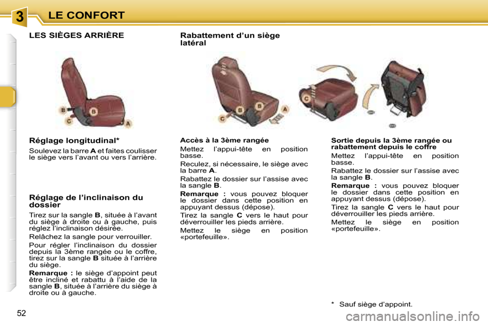 Peugeot 307 SW 2007  Manuel du propriétaire (in French) �3�L�E� �C�O�N�F�O�R�T
�5�2
�S�o�r�t�i�e� �d�e�p�u�i�s� �l�a� �3�è�m�e� �r�a�n�g�é�e� �o�u�  
�r�a�b�a�t�t�e�m�e�n�t� �d�e�p�u�i�s� �l�e� �c�o�f�f�r�e 
�M�e�t�t�e�z�  �l�’�a�p�p�u�i�-�t�ê�t�e�  �