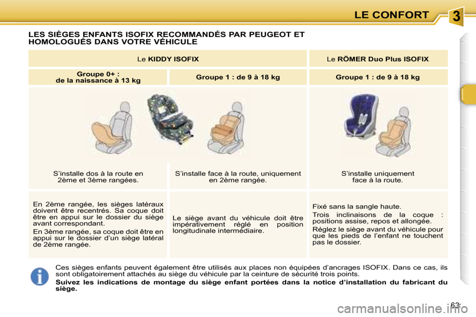 Peugeot 307 SW 2007  Manuel du propriétaire (in French) �3�L�E� �C�O�N�F�O�R�T
�6�3
�L�E�S� �S�I�È�G�E�S� �E�N�F�A�N�T�S� �I�S�O�F�I�X� �R�E�C�O�M�M�A�N�D�É�S� �P�A�R� �P�E�U�G�E�O�T� �E�T�  
�H�O�M�O�L�O�G�U�É�S� �D�A�N�S� �V�O�T�R�E� �V�É�H�I�C�U�L�E