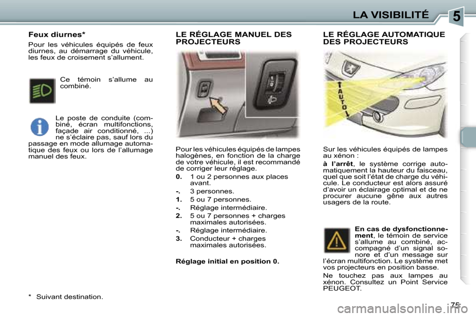 Peugeot 307 SW 2007  Manuel du propriétaire (in French) �5�L�A� �V�I�S�I�B�I�L�I�T�É
�7�5
�P�o�u�r� �l�e�s� �v�é�h�i�c�u�l�e�s� �é�q�u�i�p�é�s� �d�e� �l�a�m�p�e�s�  
�h�a�l�o�g�è�n�e�s�,�  �e�n�  �f�o�n�c�t�i�o�n�  �d�e�  �l�a�  �c�h�a�r�g�e� 
�d�e� �