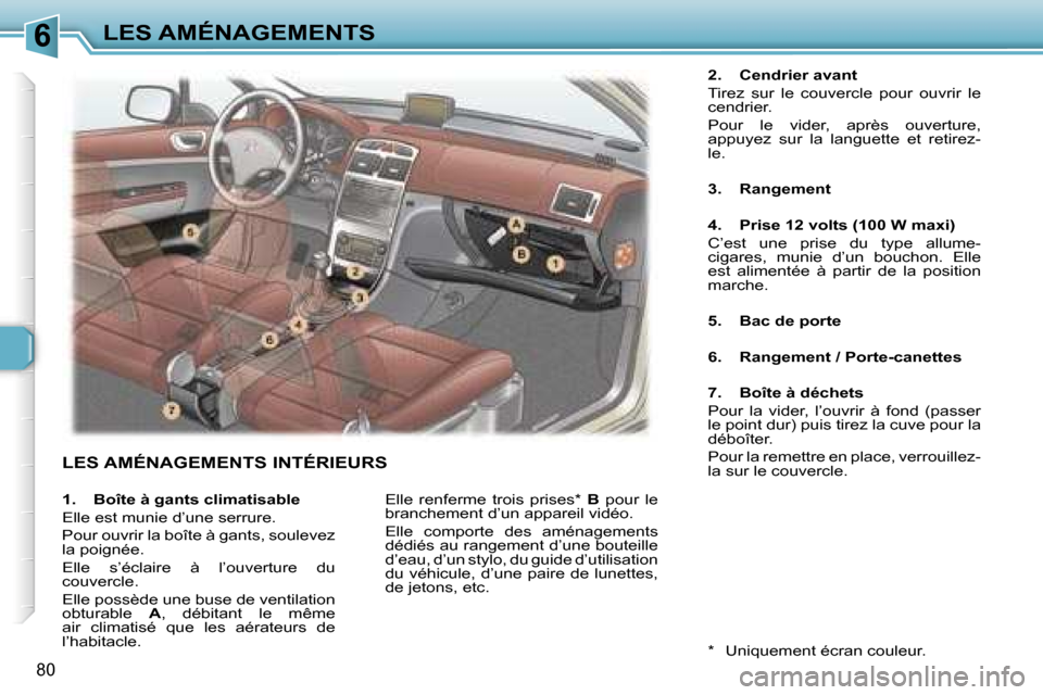 Peugeot 307 SW 2007  Manuel du propriétaire (in French) �6�L�E�S� �A�M�É�N�A�G�E�M�E�N�T�S
�8�0
�L�E�S� �A�M�É�N�A�G�E�M�E�N�T�S� �I�N�T�É�R�I�E�U�R�S
�2�.�  �C�e�n�d�r�i�e�r� �a�v�a�n�t 
�T�i�r�e�z�  �s�u�r�  �l�e�  �c�o�u�v�e�r�c�l�e�  �p�o�u�r�  �o�u