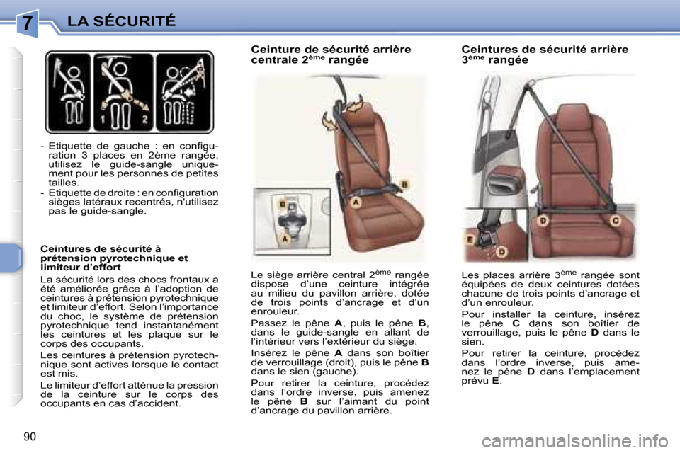 Peugeot 307 SW 2007  Manuel du propriétaire (in French) �7�L�A� �S�É�C�U�R�I�T�É
�9�0
�-�  �E�t�i�q�u�e�t�t�e�  �d�e�  �g�a�u�c�h�e�  �:�  �e�n�  �c�o�n�ﬁ�g�u�-�r�a�t�i�o�n�  �3�  �p�l�a�c�e�s�  �e�n�  �2�è�m�e�  �r�a�n�g�é�e�,�  
�u�t�i�l�i�s�e�z�  