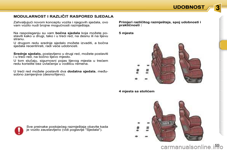 Peugeot 307 SW 2007  Vodič za korisnike (in Croatian) �5�5
�M�O�D�U�L�A�R�N�O�S�T� �I� �R�A�Z�L�I�Č�I�T� �R�A�S�P�O�R�E�D� �S�J�E�D�A�L�A
�Z�a�h�v�a�l�j�u�j�u�ć�i� �n�o�v�o�m� �k�o�n�c�e�p�t�u� �v�o�z�i�l�a� �i� �n�j�e�g�o�v�i�h� �s�j�e�d�a�l�a�,� �o�v