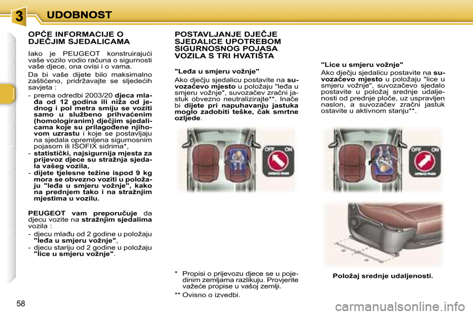 Peugeot 307 SW 2007  Vodič za korisnike (in Croatian) �5�8
�"�L�i�c�e� �u� �s�m�j�e�r�u� �v�o�ž�n�j�e�"
�A�k�o� �d�j�e�č�j�u� �s�j�e�d�a�l�i�c�u� �p�o�s�t�a�v�i�t�e� �n�a� �s�u�-�v�o�z�a�č�e�v�o�  �m�j�e�s�t�o�  �u�  �p�o�l�o�ž�a�j�u�  �"�l�i�c�e�  �