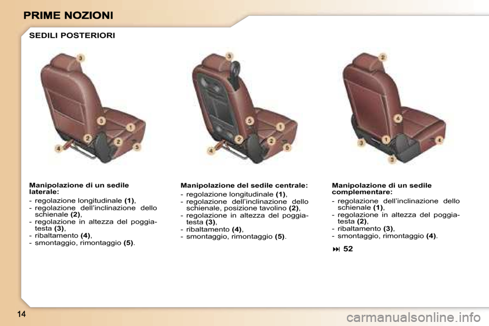 Peugeot 307 SW 2007  Manuale del proprietario (in Italian) �M�a�n�i�p�o�l�a�z�i�o�n�e� �d�i� �u�n� �s�e�d�i�l�e� �l�a�t�e�r�a�l�e�:
�-�  �r�e�g�o�l�a�z�i�o�n�e� �l�o�n�g�i�t�u�d�i�n�a�l�e� �(�1�)�,�-�  �r�e�g�o�l�a�z�i�o�n�e�  �d�e�l�l�’�i�n�c�l�i�n�a�z�i�o