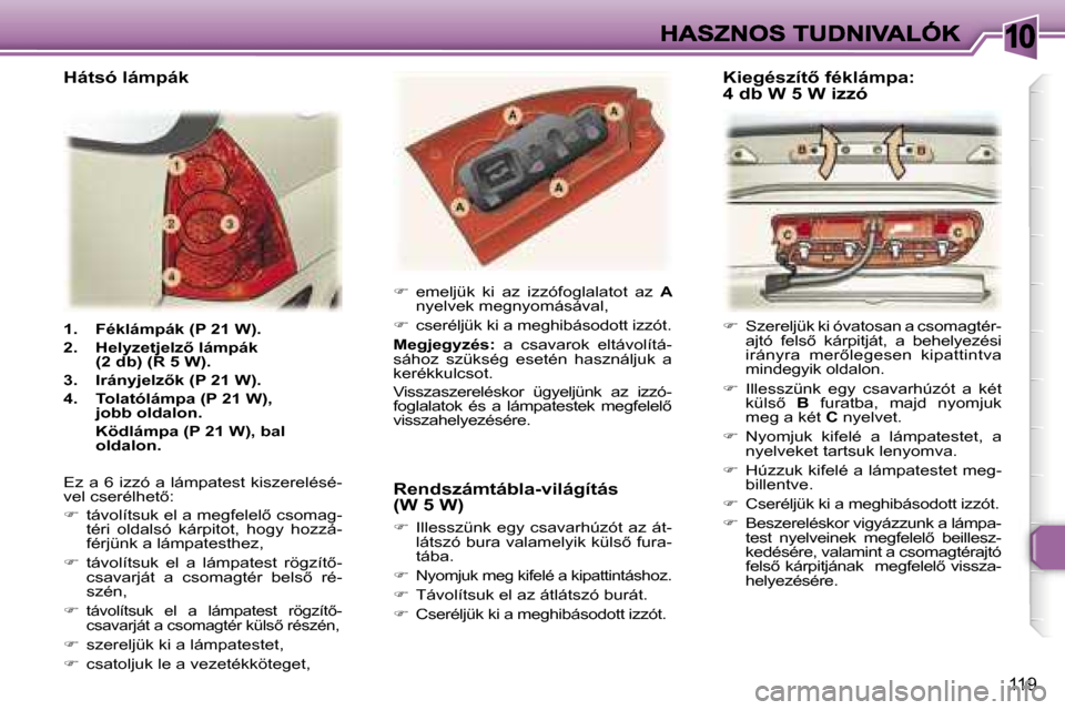 Peugeot 307 SW 2007  Kezelési útmutató (in Hungarian) �1�0
�1�1�9
�1�.� �F�é�k�l�á�m�p�á�k� �(�P� �2�1� �W�)�.
�2�.�  �H�e�l�y�z�e�t�j�e�l�z5� �l�á�m�p�á�k�(�2� �d�b�)� �(�R� �5� �W�)�.
�3�.�  �I�r�á�n�y�j�e�l�z5�k� �(�P� �2�1� �W�)�.
�4�.�  �T�o
