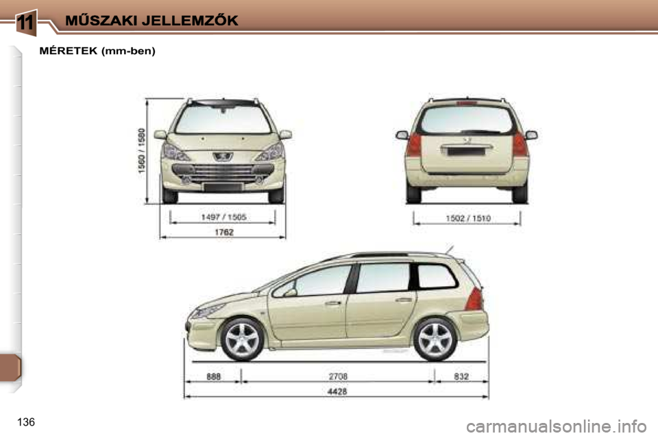 Peugeot 307 SW 2007  Kezelési útmutató (in Hungarian) �1
�1�3�6
�M�É�R�E�T�E�K� �(�m�m�-�b�e�n�)     