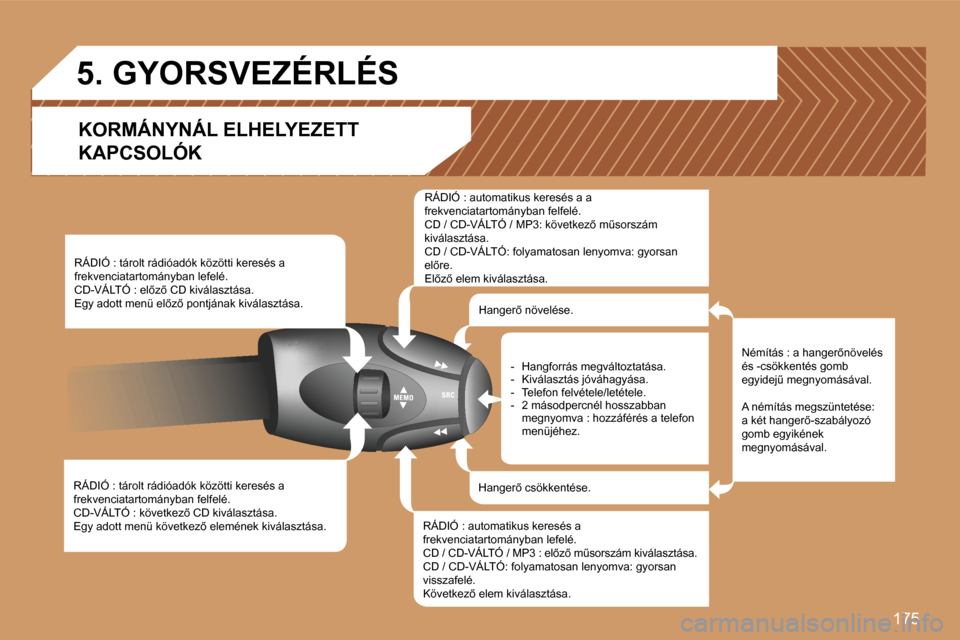 Peugeot 307 SW 2007  Kezelési útmutató (in Hungarian) �1�7�5
�R�Á�D�I�Ó� �:� �t�á�r�o�l�t� �r�á�d�i�ó�a�d�ó�k� �k�ö�z�ö�t�t�i� �k�e�r�e�s�é�s� �a� �f�r�e�k�v�e�n�c�i�a�t�a�r�t�o�m�á�n�y�b�a�n� �f�e�l�f�e�l�é�.�C�D�-�V�Á�L�T�Ó� �:� �k�ö�v�e�