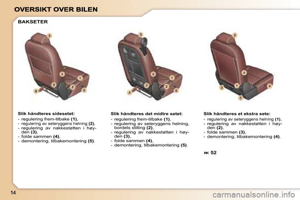Peugeot 307 SW 2007  Brukerhåndbok (in Norwegian) �S�l�i�k� �h�å�n�d�t�e�r�e�s� �s�i�d�e�s�e�t�e�t�:
�-�  �r�e�g�u�l�e�r�i�n�g� �f�r�e�m�-�t�i�l�b�a�k�e� �(�1�)�,�-�  �r�e�g�u�l�e�r�i�n�g� �a�v� �s�e�t�e�r�y�g�g�e�n�s� �h�e�l�n�i�n�g� �(�2�)�,�-�  �