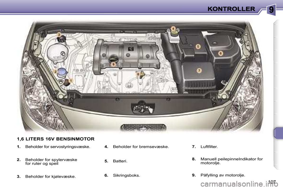 Peugeot 307 SW 2007  Brukerhåndbok (in Norwegian) �1�0�7
�1�.�  �B�e�h�o�l�d�e�r� �f�o�r� �s�e�r�v�o�s�t�y�r�i�n�g�s�v�æ�s�k�e�.
�2�.�  �B�e�h�o�l�d�e�r� �f�o�r� �s�p�y�l�e�r�v�æ�s�k�e�f�o�r� �r�u�t�e�r� �o�g� �s�p�e�i�l
�3�.�  �B�e�h�o�l�d�e�r� �f