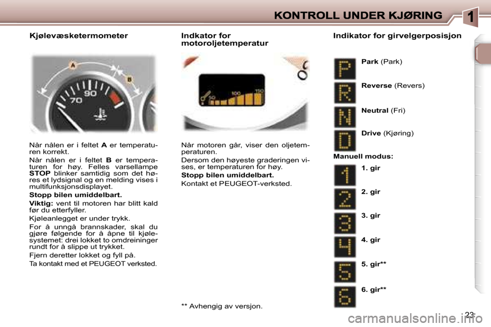 Peugeot 307 SW 2007  Brukerhåndbok (in Norwegian) �2�3
�N�å�r�  �n�å�l�e�n�  �e�r�  �i�  �f�e�l�t�e�t� �A�  �e�r�  �t�e�m�p�e�r�a�t�u�-�r�e�n� �k�o�r�r�e�k�t�.
�N�å�r�  �n�å�l�e�n�  �e�r�  �i�  �f�e�l�t�e�t� �B�  �e�r�  �t�e�m�p�e�r�a�-�t�u�r�e�n