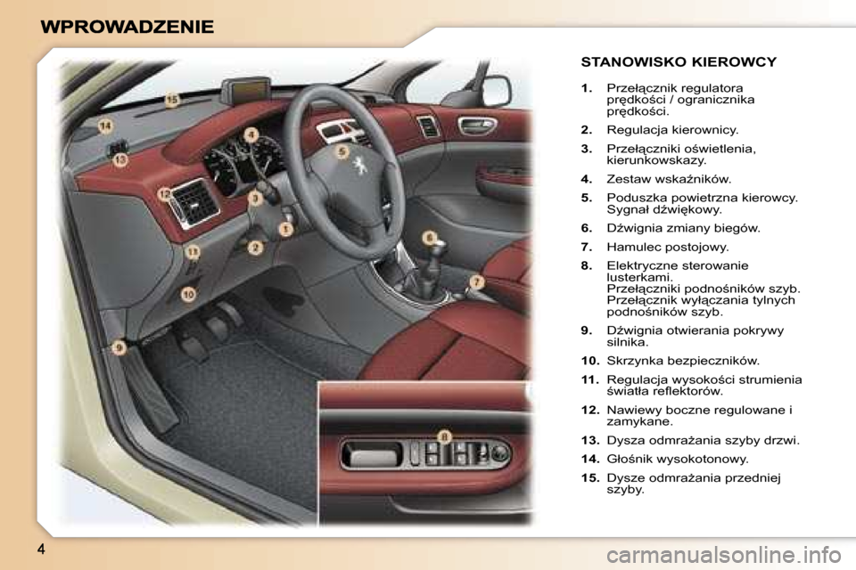 Peugeot 307 SW 2007  Instrukcja Obsługi (in Polish) �1�.� �P�r�z�e�ł"�c�z�n�i�k� �r�e�g�u�l�a�t�o�r�a� �p�r
�d�k�o;�c�i� �/� �o�g�r�a�n�i�c�z�n�i�k�a� �p�r
�d�k�o;�c�i�.
�2�.� �R�e�g�u�l�a�c�j�a� �k�i�e�r�o�w�n�i�c�y�.
�3�.� �P�r�z�e�ł"�c�z�n�i