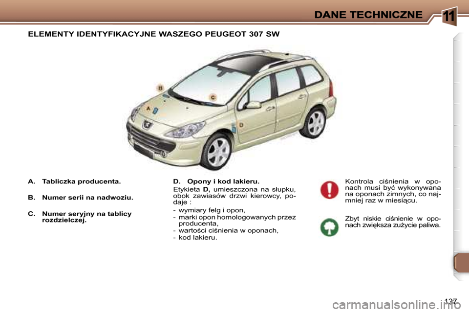 Peugeot 307 SW 2007  Instrukcja Obsługi (in Polish) �1
�1�3�7
�A�.�  �T�a�b�l�i�c�z�k�a� �p�r�o�d�u�c�e�n�t�a�.
�B�.�  �N�u�m�e�r� �s�e�r�i�i� �n�a� �n�a�d�w�o�z�i�u�.
�C�.�  �N�u�m�e�r� �s�e�r�y�j�n�y� �n�a� �t�a�b�l�i�c�y� �r�o�z�d�z�i�e�l�c�z�e�j�.
