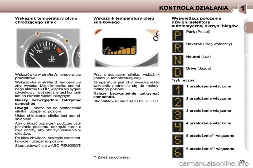 Peugeot 307 SW 2007  Instrukcja Obsługi (in Polish) �2�3
�W�s�k�a�z�ó�w�k�a� �w� �s�t�r�e�ﬁ�e� �A�,� �t�e�m�p�e�r�a�t�u�r�a� �p�r�a�w�i�d�ł�o�w�a�.
�W�s�k�a�z�ó�w�k�a�  �w�  �s�t�r�e�ﬁ�e� �B�,�  �t�e�m�p�e�r�a�t�u�r�a� �z�b�y�t�  �w�y�s�o�k�a�.�