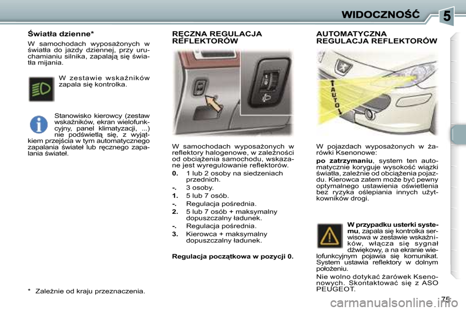 Peugeot 307 SW 2007  Instrukcja Obsługi (in Polish) �7�5
�W�  �s�a�m�o�c�h�o�d�a�c�h�  �w�y�p�o�s�aG�o�n�y�c�h�  �w� �r�e�ﬂ�e�k�t�o�r�y� �h�a�l�o�g�e�n�o�w�e�,� �w� �z�a�l�eG�n�o;�c�i� �o�d� �o�b�c�i"G�e�n�i�a� �s�a�m�o�c�h�o�d�u�,� �w�s�k�a�z�a