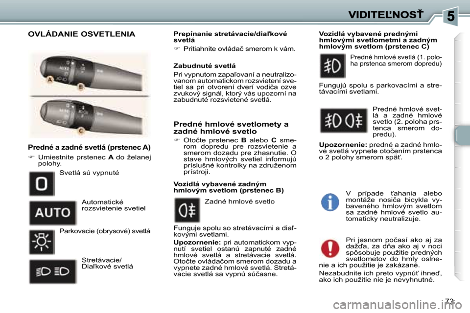 Peugeot 307 SW 2007  Užívateľská príručka (in Slovak) �7�3
�P�r�e�d�n�é� �a� �z�a�d�n�é� �s�v�e�t�l�á� �(�p�r�s�t�e�n�e�c� �A�)
��  �U�m�i�e�s�t�n�i�t�e�  �p�r�s�t�e�n�e�c� �A� �d�o�  �ž�e�l�a�n�e�j� �p�o�l�o�h�y�.
�P�r�e�p�í�n�a�n�i�e� �s�t�r�e�