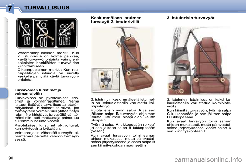 Peugeot 307 SW 2007  Omistajan käsikirja (in Finnish) �9�0
�-�  �V�a�s�e�m�m�a�n�p�u�o�l�e�i�n�e�n�  �m�e�r�k�k�i�:�  �K�u�n� �2�.�  �i�s�t�u�i�n�r�i�v�i�l�l�ä�  �o�n�  �k�o�l�m�e�  �p�a�i�k�k�a�a�,� �k�ä�y�t�ä�  �t�u�r�v�a�v�y�ö�n�o�h�j�a�i�n�t�a�  